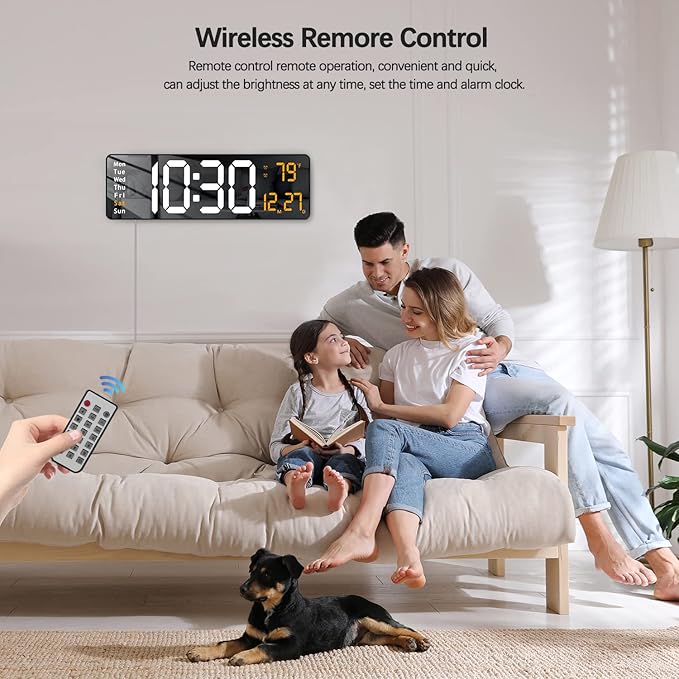JoFomp Modern 16" Large Digital Wall Clock with Remote Control, LED Display, Auto-Dimming, Countdown, Temperature, Calendar - 12/24Hr Format - Silent Wall Clock for Home, Office, or Gym Use (Orange)