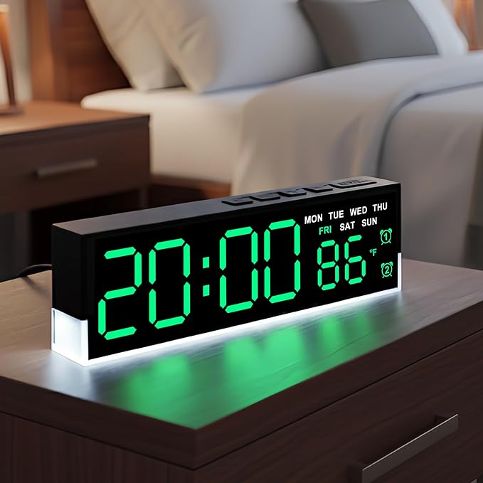 JENLYSTIME 7 Inch LED Digital Alarm Clock with Dual Alarms & Bottom Glow｜Displays Time, Date, Day, Temperature ｜3-Level Auto/Manual Brightness, DST, USB or Battery Powered Modern Desk Clock (Green)
