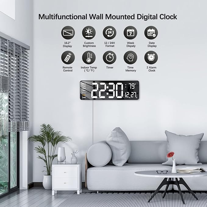 JoFomp Modern 16" Large Digital Wall Clock with Remote Control, LED Display, Auto-Dimming, Countdown, Temperature, Calendar - 12/24Hr Format - Silent Wall Clock for Home, Office, or Gym Use (White)