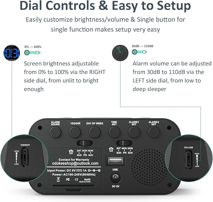Odokee Digital Dual Alarm Clock for Bedroom, Easy to Set, 0-100% Dimmer, USB Charger, 5 Sounds Adjustable Volume, Weekday/Weekend Mode, Snooze, 12/24Hr, Battery Backup, Compact for Bedside(Blue)