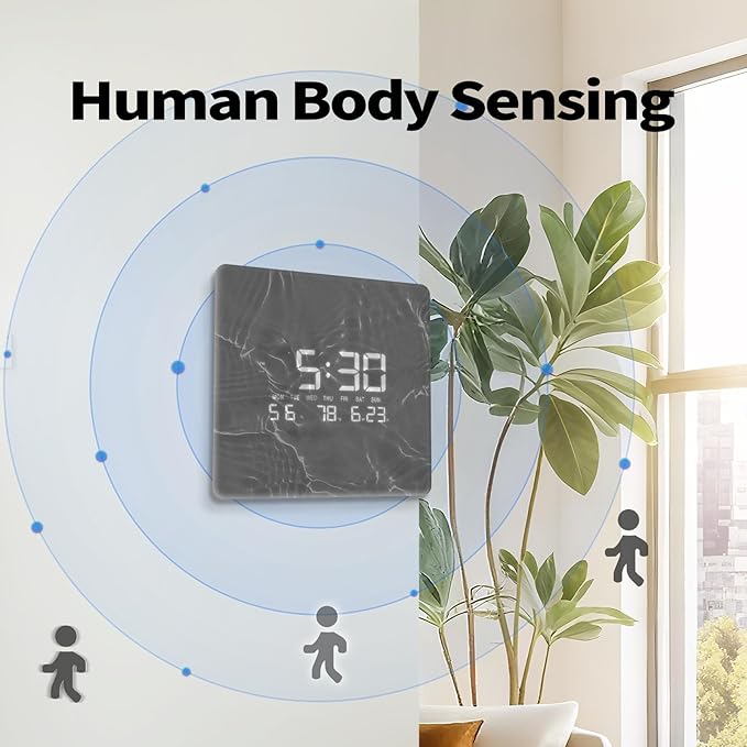 12'' Double Sided 90° Corner Wall Clock, Gray Water Ripple, Radar Motion Activated, Analog & LED Display with Temp Humidity Date Day, Silent Non-Ticking Plug-in for Living Room Kitchen