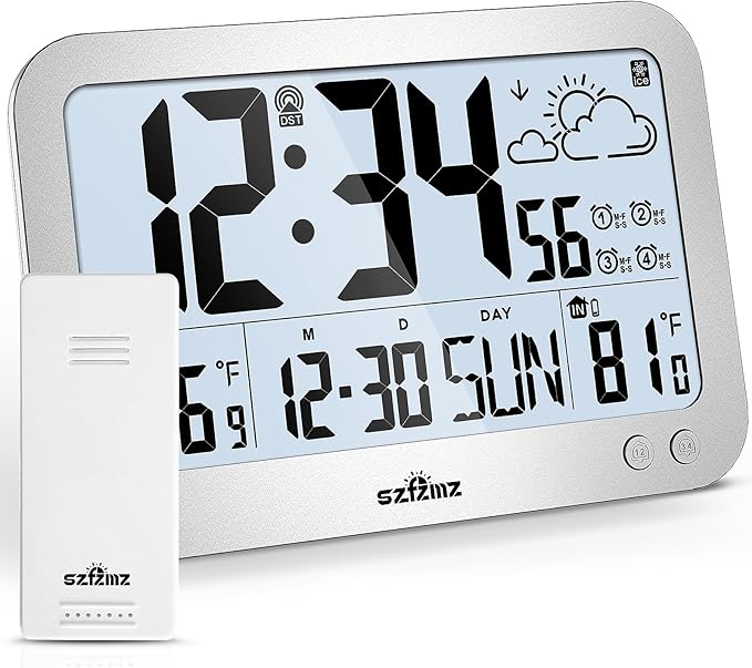 Atomic Clock, 10" Digital Clock Large Display, Wall Clocks Battery Operated with Backlight, Wireless Outdoor Sensor, Alarm Clock Indoor Outdoor Temp, 4 Time Zones, Auto DST, Clock for Bedroom (Sliver)