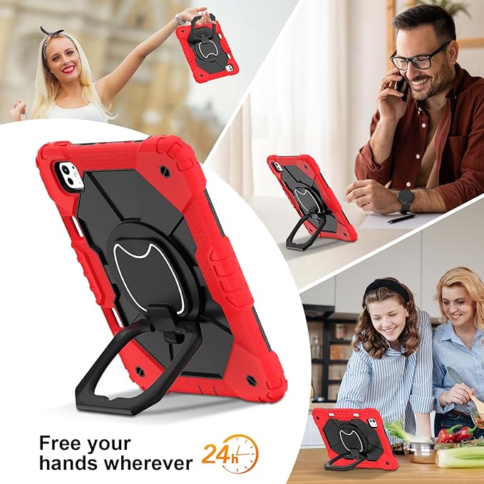 Dteck for iPad Pro 11 inch (M4/M5) 2024/2025 Release Shockproof Case with Shoulder Strap/Pencil Holder/Rotating Kickstand Handle, Heavy-Duty Sturdy Rugged Cover, Protective Tablet Shell, Black Red