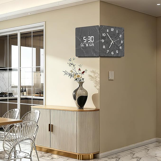 12'' Double Sided 90° Corner Wall Clock, Gray Water Ripple, Radar Motion Activated, Analog & LED Display with Temp Humidity Date Day, Silent Non-Ticking Plug-in for Living Room Kitchen