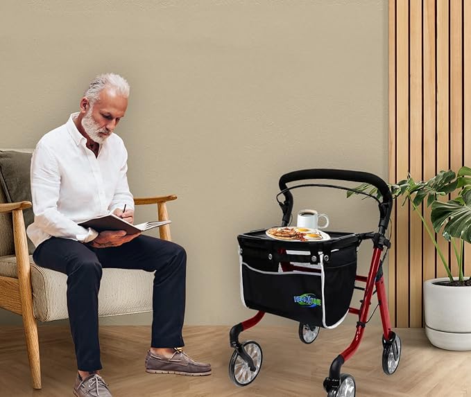 HEALTHLINE Rollator Walker for Seniors - Lightweight 4 Wheel Eldery Walker Heavy Duty - Rollator Walkers for Seniors with Basket & Tray - Narrow Doors Indoor Rollator Red Color
