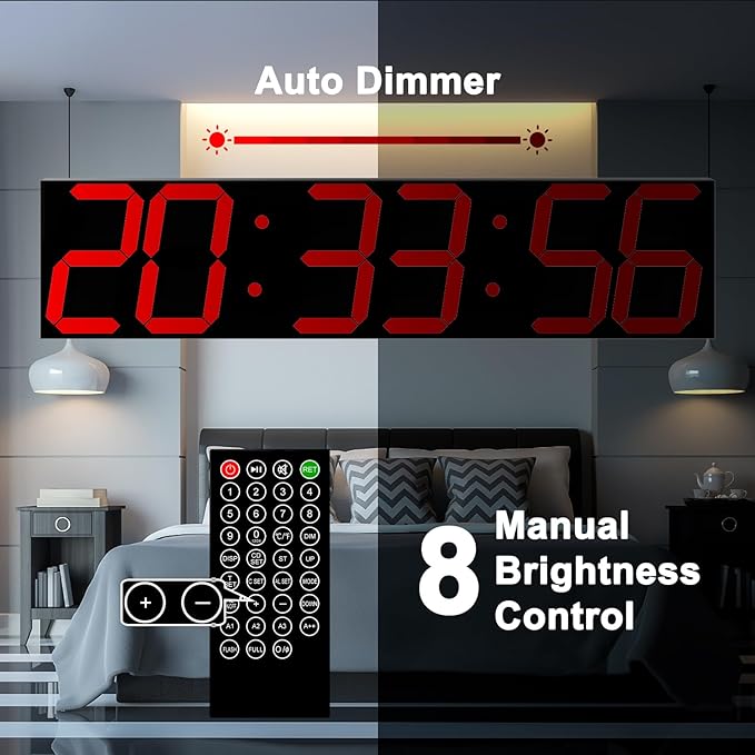 CHKOSDA Digital Wall Clock, Oversize Led Digital Clock Large Display with Auto Dimmer, Huge Countdown Timer with Remote Control, 27" Wide Led Display, 6 Digits, Wall Mount, Date and Temperature (Red)