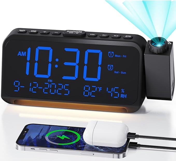 Roxicosly Projection Alarm Clock for Bedroom Ceiling, 118 dB Super Loud for Heavy Sleepers, 6.7" Large Digital Dimmable Display with Day Date Indoor Temp Humidity, Dual Alarms Adjustable Volume