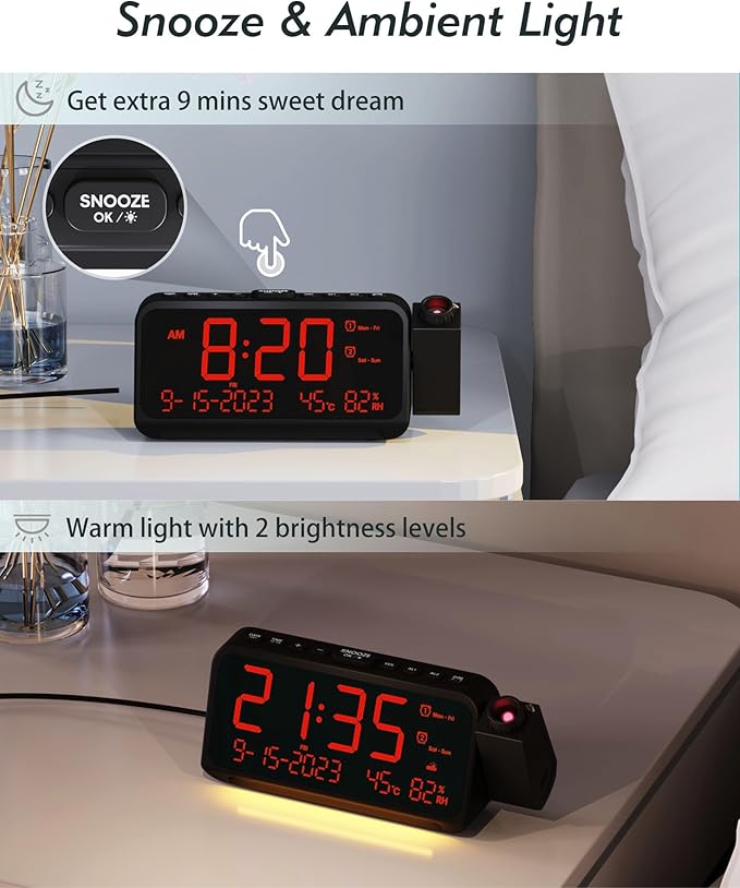 Roxicosly Projection Alarm Clock for Bedroom Ceiling, 118 dB Super Loud for Heavy Sleepers, Plug in Dual Alarm with Weekday/Weekend, 6.7" Large Dimmable Display with Day Date Indoor Temp Humidity