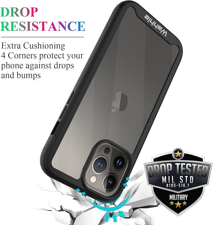 wahhle Compatible with iPhone 13 Pro Max Case, Built in Screen Protector Full Body Shockproof Slim Fit Bumper Protective Phone Cover 6.7'' Men Women-Black/Clear
