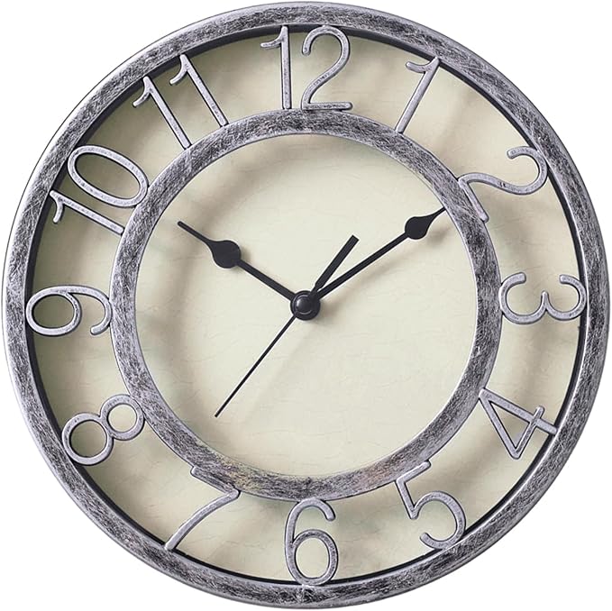 8" Silent Quartz Wall Clock Non-Ticking Digital Silver Clocks with 3D Numbers and Plastic Bezel Easy to Read Vintage Wall Clock