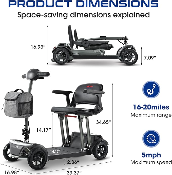 Metro Mobility Powered Mobility Scooters, 4 Wheel Foldable Mobility Scooter for Adults-265 lbs Capacity Folding Mobility Scooter, 20 Miles Long Travel Range Scooter with USB Charger Port Black