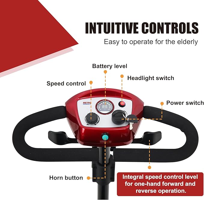 Metro Mobility Scooters with seat for Adults, Seniors, Travel, 4-Wheel Electric Powered Motorized Scooter, 2 Removable Batteries，w/Charge & Light-M1 Red