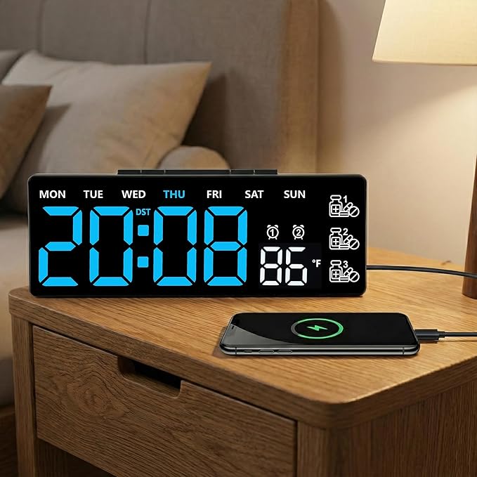 45MinST 8 Inch LED Digital Clock with Medication Reminder – Large Display with Time, Date, Day, Temperature, 3 Daily Reminders, Dual Alarm, Silent Electronic Clock for Home, Office, Bedroom(Blue)