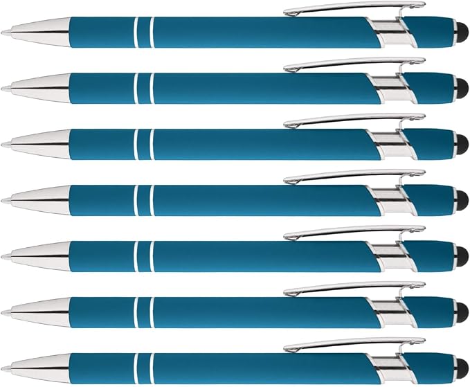 Express Pencils Rainbow Rubberized Soft Touch Ballpoint Pen with Stylus Tip is a stylish, premium metal pen, black ink, medium point. Box of 7 (LIGHT BLUE)