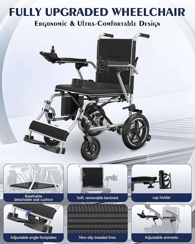 Ultralight 36lbs Foldable Electric Wheelchair for Adults - KERDOM Aluminum Frame Electric Wheelchair, 300lbs Capacity & Detachable Lithium Battery, 360W Motor Wheelchair, All-Terrain PU Wheels