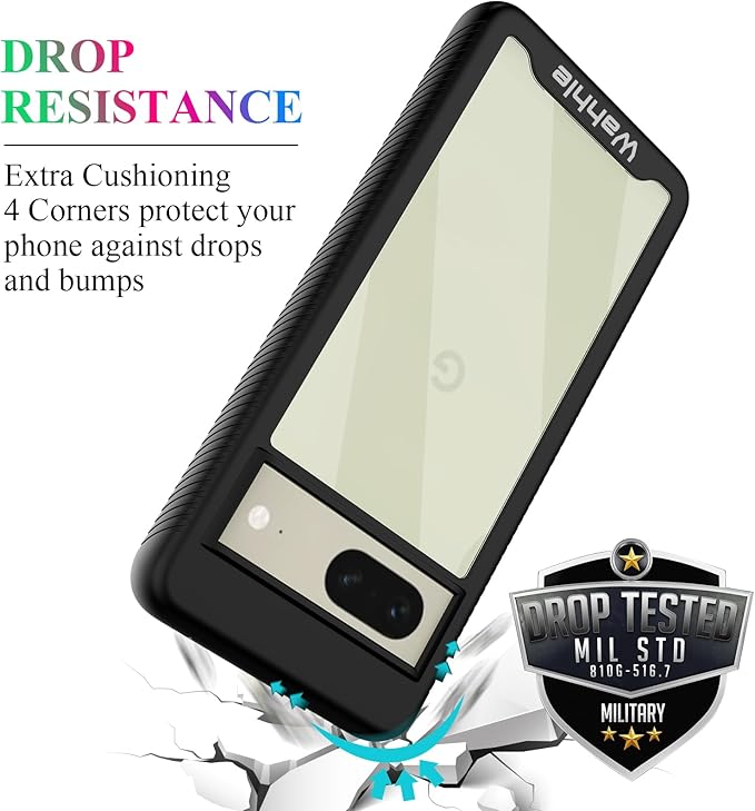 wahhle Compatible with Google Pixel 7 Case, Built in Screen Protector Full Body Shockproof Slim Fit Bumper Protective Phone Cover Men Women-Black/Clear