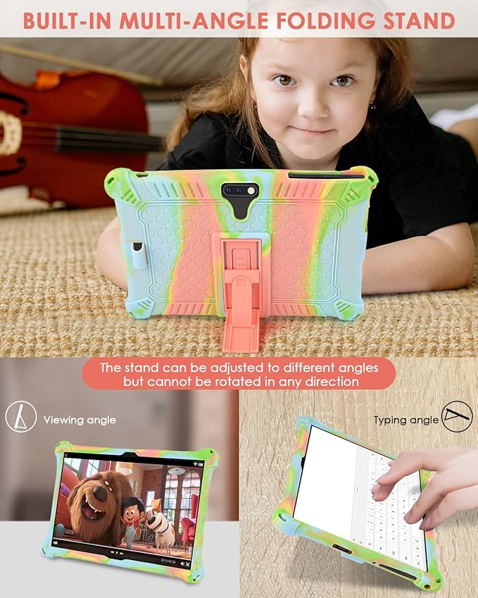 DETUOSI Feonal 10 inch Silicone Case with Shoulder Strap & Stylus Pen, Multi-Angle Stand Tablet Case, Soft Lightweight Cover for Winsing MTK 10 inch Tablet, ANTEMPER Touch, Orange Pink & Blue