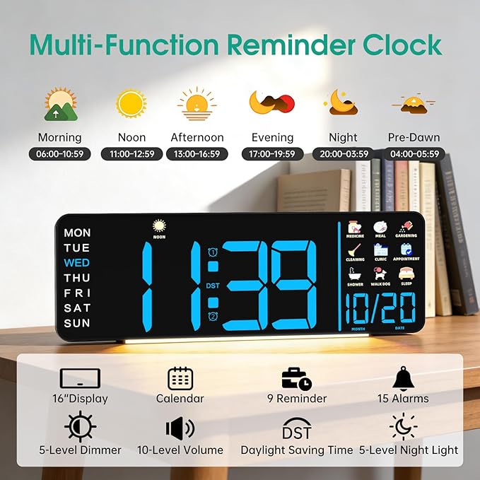 Hoifen Clock with Day and Date for Seniors, 16" Large Display Digital Calendar Dementia Wall Clock for Memory Loss with Time Periods & Task Reminders, Remote Control, Night Light, Auto Dim&DST (Blue)