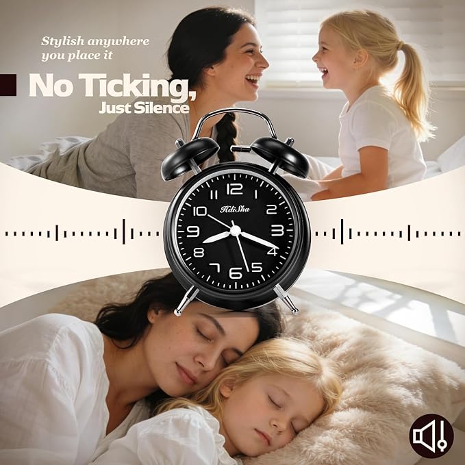 Loud Alarm Clock for Heavy Sleepers, 6 inch Battery Operated Twin Bell Alarm Clock with Night Light, Silent Non Ticking Analog Small Clock Decor for Bedroom, Bedside, Living Room