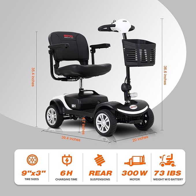 Metro Mobility 4 Wheel Electric Mobility Scooters for Adults - 300 lbs Capacity Folding Mobility Scooter for Seniors, Travel - Long Range Power Extended Battery & Easy Disassembly - White