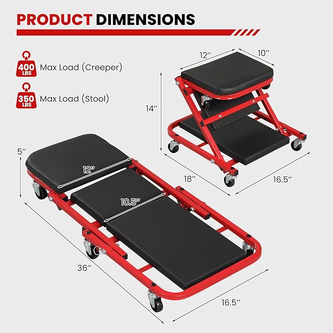 Goplus 2-in-1 Z-Shaped Rolling Garage Stool, 36" Folding Flat Automotive Creeper with Padded Seat & 6 Swivel Casters, Convertible Mechanic Stool for Auto Workshop & Repair