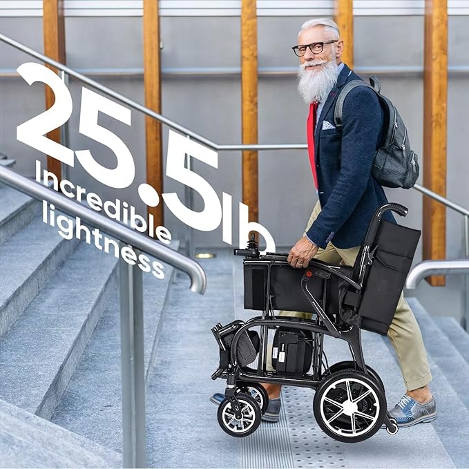 25.5lbs Carbon Fiber Electric Wheelchair for Adults, Dual Battery Lightweight Foldable Travel Power Wheelchair, Portable Motorized Wheelchairs, Airline Approved, Black