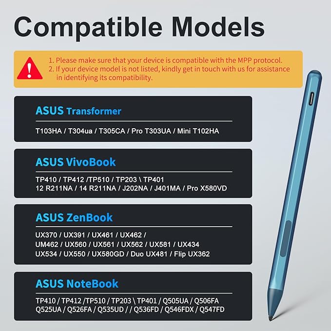 Stylus Pen for ASUS Transformer/Mini/ASUS Zenbook Flip/Pro/ASUS Vivobook Flip/Pro/Duo/ASUS Notebook, Rechargeable MPP 2.0 Tilt Active Pen with 4096 Pressure Sensitivity, Tpye-c Charge, Blue