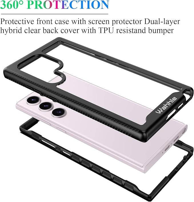 wahhle Compatible with Samsung Galaxy S23 Ultra Case, Built in Screen Protector Full Body Shockproof Slim Fit Bumper Protective Phone Cover for Galaxy S23 Ultra 5G 6.8'' Men Women-Black/Clear