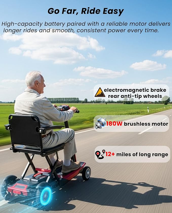 4 Wheel Mobility Scooters for Seniors, 4 Wheel Electric Scooter for Adults, Electric Wheelchair Device, 12 Mile Range, Supports 260lbs Weight, Only 46lbs, Adjustable, with Headlight & Taillight