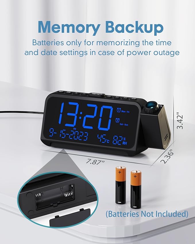 Roxicosly Projection Alarm Clock for Bedroom Ceiling, 118 dB Super Loud for Heavy Sleepers, 6.7" Large Digital Dimmable Display with Day Date Indoor Temp Humidity, Dual Alarms Adjustable Volume