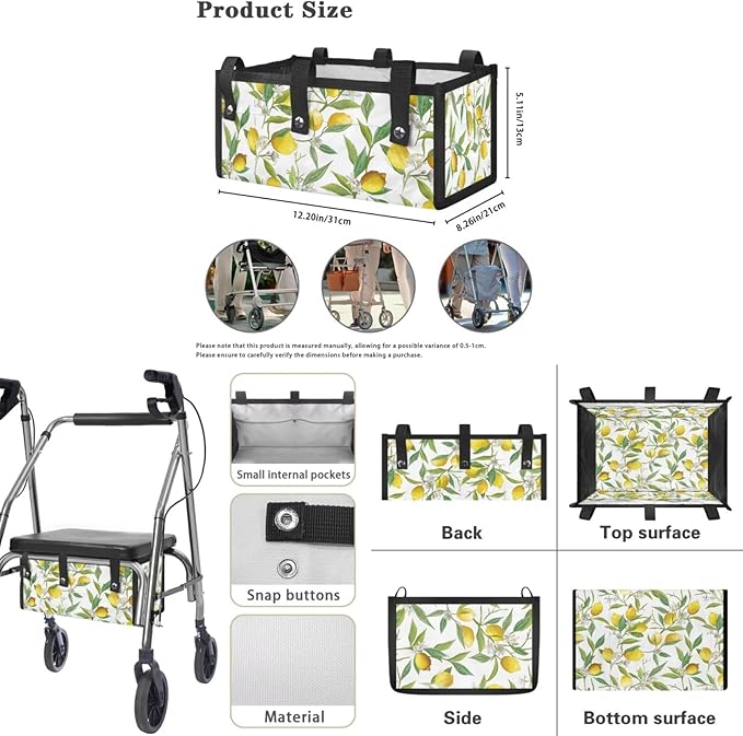 3 Piece Set Walker Accessories Yellow Lemon Walker Seat Cover Soft Rollator Seat and Back Rest Covers Underseat Pouch Tote, Easy to Install and Easy Clean