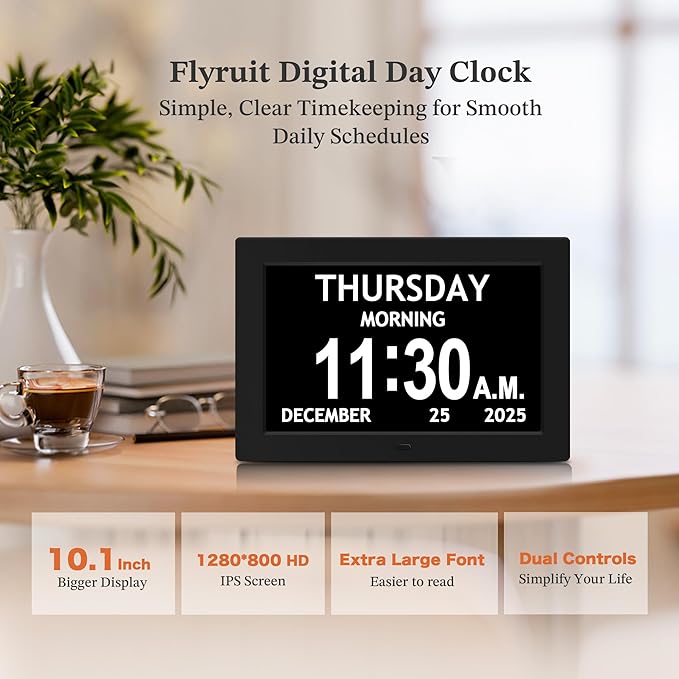 Black+White Set - 10.1'' Dementia Clock for Seniors (2-Pack), Large Digital Display with Date/Time/Day, for Elderly/Alzheimer's, HD 1280*800, 10 Reminders & 6 Alarms, Auto Dimming, Remote Control