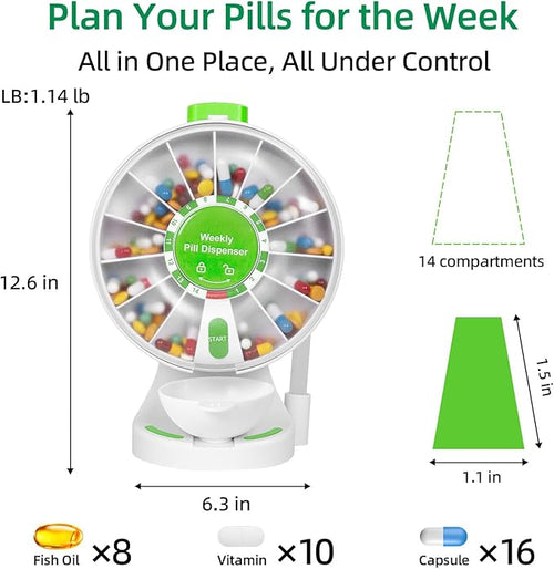 14-Day Standing & Wall-Mounted Pill Dispenser, Easy to Use for Seniors & Arthritis, Push Button Medication Organizer with Large Compartments for Fish Oil/Medicine/Vitamin/Supplements, Green