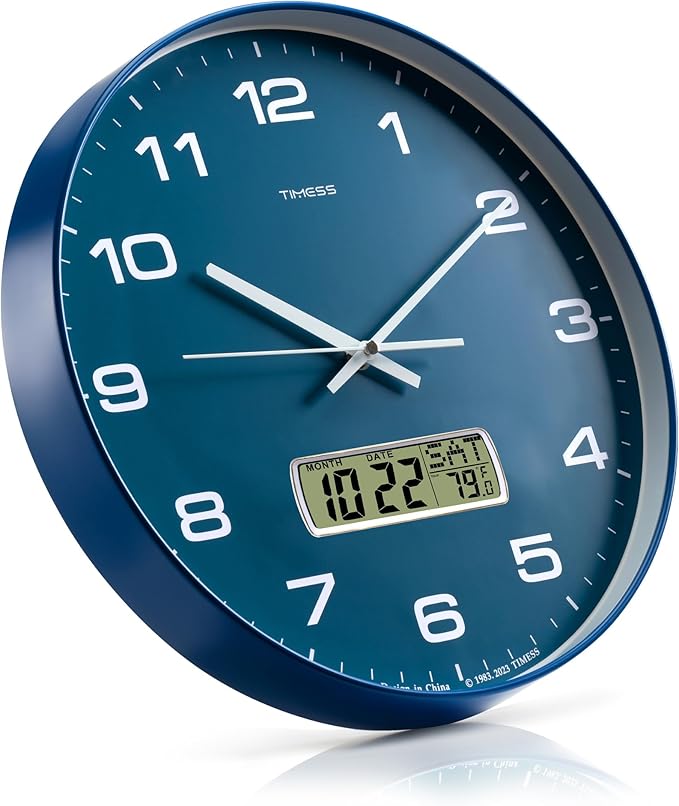 TIMESS Wall Clock, 14" Large Dial Non-Ticking Silent Battery Operated Analog with LCD Display for Perpetual Calendar and F° Temperature, Ideal Modern Home, Bedroom, Kitchen, Office Decor (Blue)