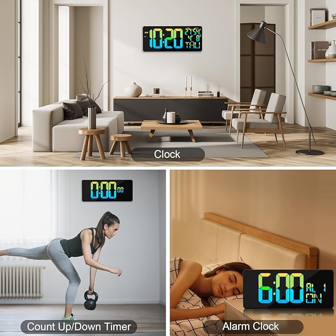11 RGB Color Changes Large Digital Wall Clock/Bluetooth Auto Time Sync, Remote-Controlled Digital Wall Clock Large Display with Alarm/Timer Function, DST, Indoor Temperature/Humidity Display (18 inch)