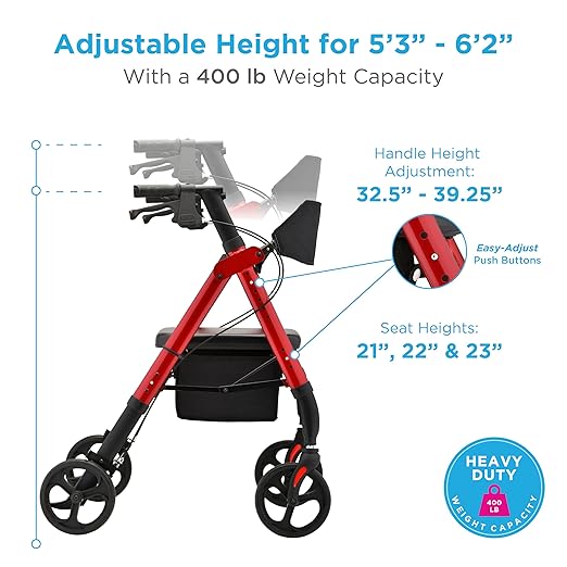NOVA Star 8 Foldable Rollator Walker for Seniors, 400 lb Weight Capacity, Wide Padded Backrest with Seat, 8” All-Terrain Wheels, Easy-Grip Locking Hand Brakes, Height Adjustable, Red