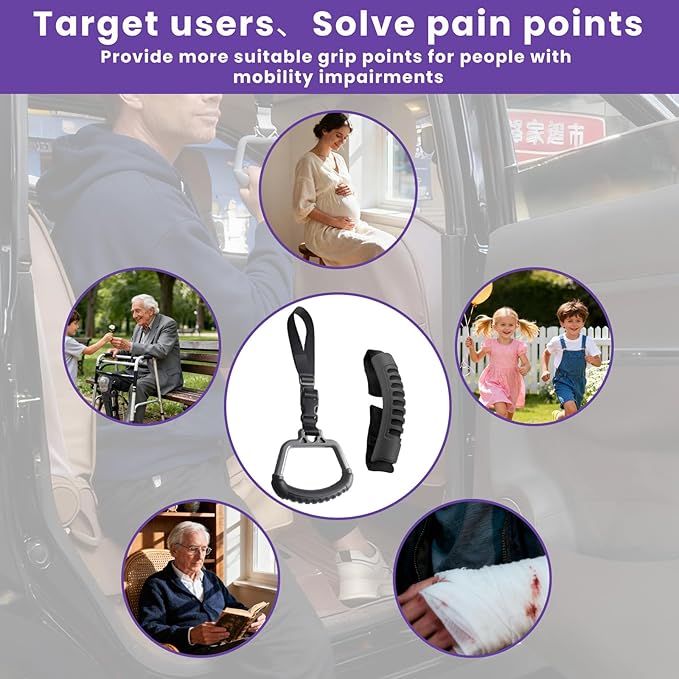 2-in-1 Car Assist Handle Kit | Adjustable Overhead & Backseat Assist Bar with Soft Rubber Grip for Added Support Entering and Exiting Vehicle (4, Black)