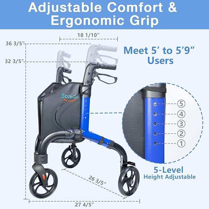3 Wheel Walkers for Seniors with Bag and Hand Brakes, Lightweight Foldable Rollator with Swivel Front Wheel, Adjustable Height, Compact Mobility Aid for Elderly, Indoor Outdoor Use (Blue)