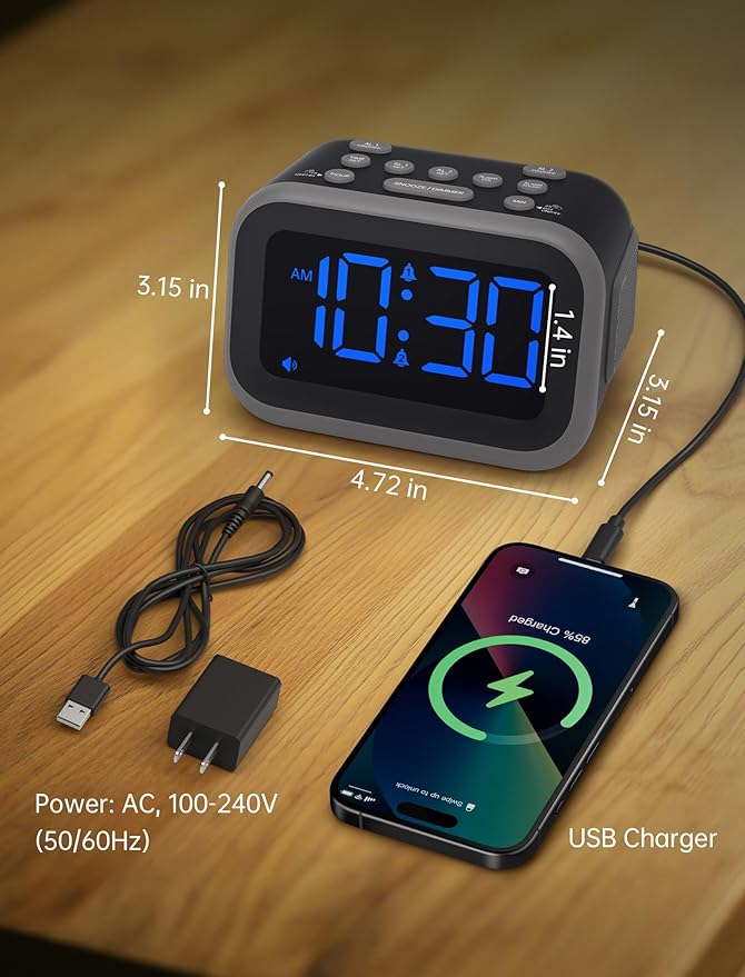 Acedeck Super Loud Alarm Clock: 115dB Dual Alarms and 6 Alarm Sounds for Heavy Sleepers - Adult Shift Workers in Bedroom or Daily Wake-Up Use - Blue Digits