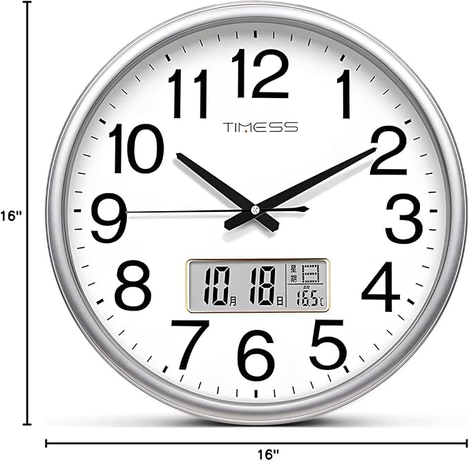 TIMESS Wall Clock, 16 Inch Non-Ticking Silent Battery Operated Quartz Analog with LCD Display for Perpetual Calendar and F° Temperature, Ideal Modern Home, Bedroom, Kitchen, Office Décor (Sliver)