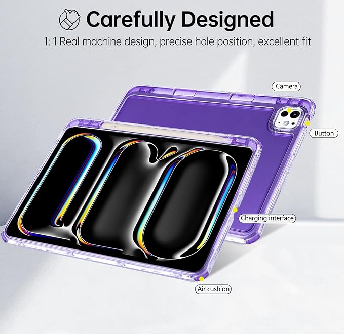 Dteck for iPad Pro/Air 13" (M5/M4/M3/M2), Pro 12.9" (6th/5th/4th/3rd Gen) Clear Case with Pencil Holder/Screen Protector Film/Stylus, 3 Layers Protective Lightweight Slim Transparent Cover, Purple
