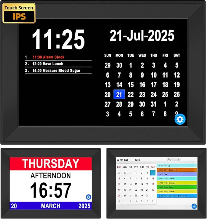 Bgift 10.1" Easy to Use Touch Screen Digital Clock for Seniors,Large Display Digital Calendar with Day and Date for Elderly,64 Alarms 40 Reminders, Auto DST,Gfits(Black)