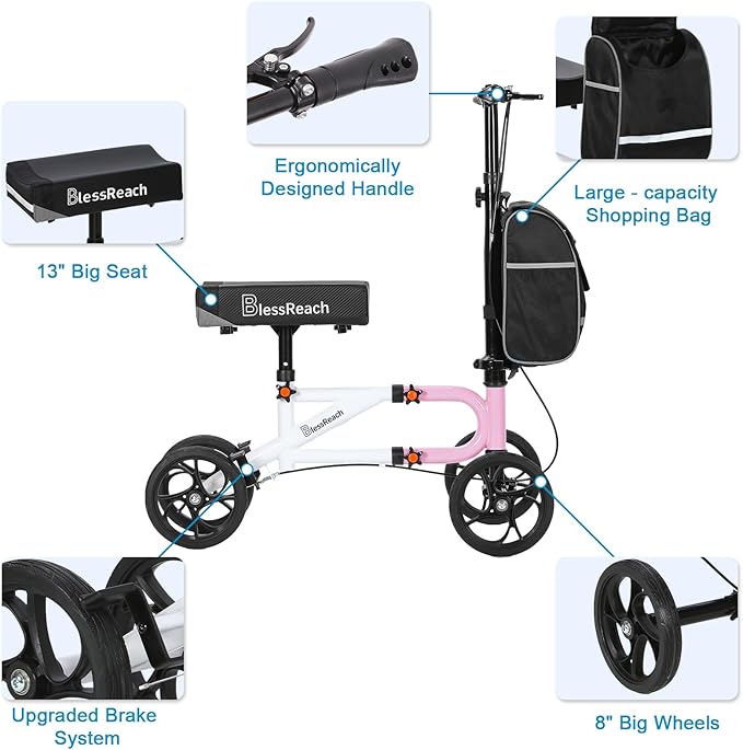 BlessReach Economy Knee Scooter Steerable Knee Walker for Foot Injuries Compact Crutch Alternative with Dual Braking System (Pink)