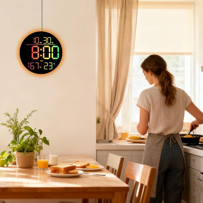 JENLYSTIME 10 Inch LED Digital Wall Clock with RGB Backlight and Countdown Timer｜11 Colors, Dual Alarm, Adjustable Brightness, Temperature & Humidity Display, Modern Silent Clock for Home, Office