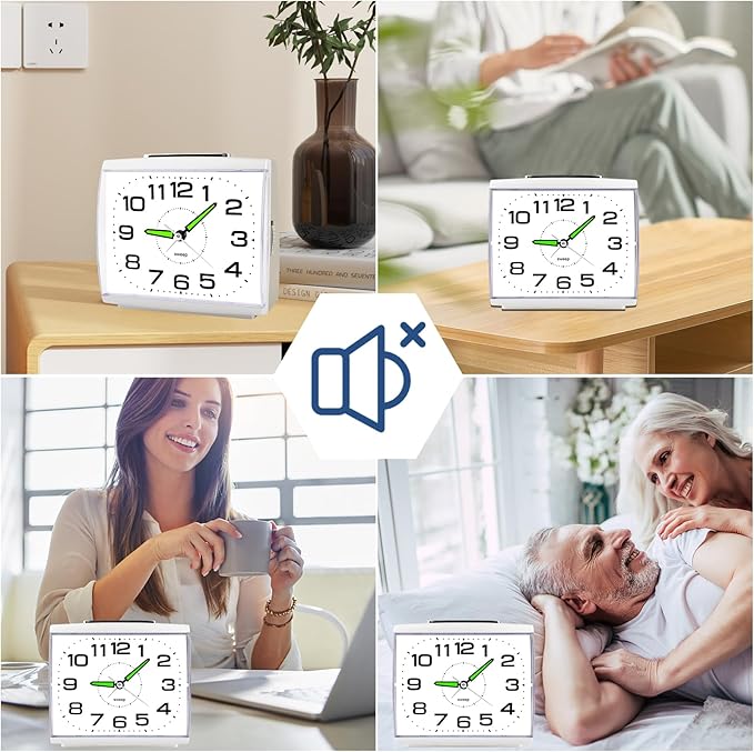 DTKID Large Alarm Clock for Bedside, Silent Non-Ticking Analog Clock with Night Light, Battery Powered, Gradually Increasing Alarm for Heavy Sleepers, Seniors