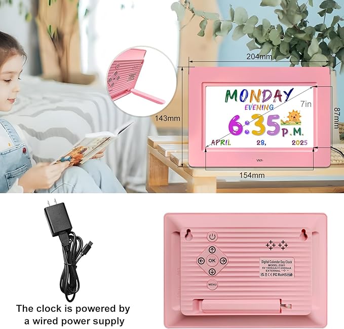 SSYA Digital Calendar, Kids Digital Clock, 20 Alarms Custom Reminders, Auto DST, Large Clear Display, Alarm Clocks for Bedrooms & Kids, Easy to Use for Kids. (Pike, 7 inch)