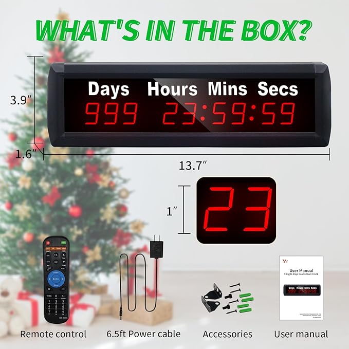 YZ Digital 999 Days Countdown Timer, Count Up/Count Down Clock with Remote, 12/24 Hour Real Time, Event Countdown Clock Large Display, Countdown Calendar for Retirement/Pregnancy/Birthday/Christmas