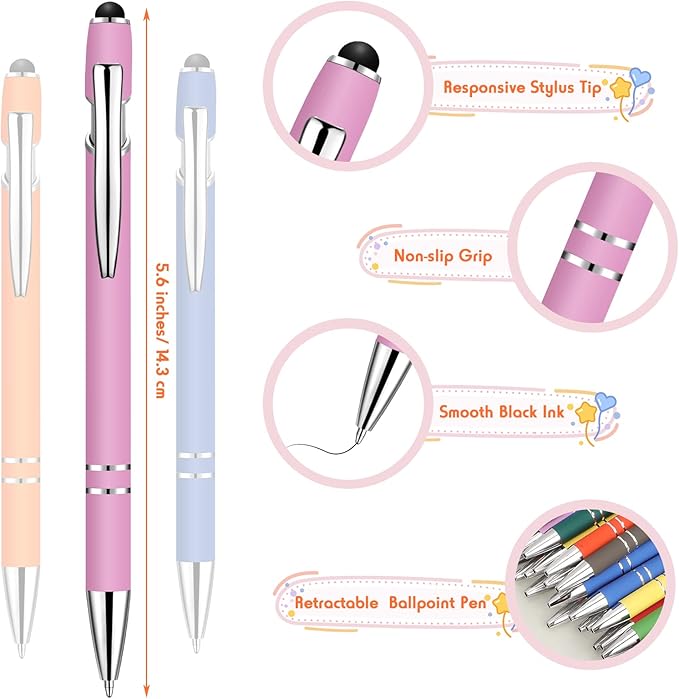 Yeaqee 100 Pieces Ballpoint Pen with Stylus Tip Click, 2 in 1 Black Ink, 1.0 mm Medium Point Stylus Metal Pen for Touch Screen Tablet (Assorted Colors)