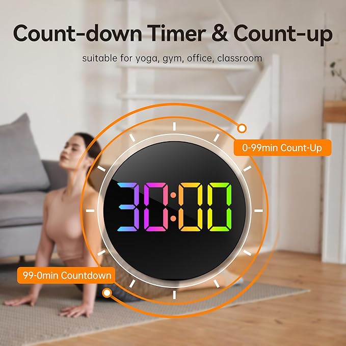 JALL 10" Large Digital Wall Clock with Seconds, Alarm Countdown Timer, Big LED Display, RGB Color, DST, Temperature, Mounted for Bedroom Living Room Office Classroom Gym, Xmas Birthday Gift, RGB
