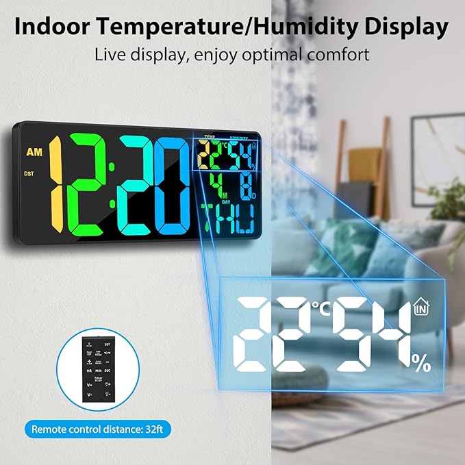 11 RGB Color Changes Large Digital Wall Clock/Bluetooth Auto Time Sync, Remote-Controlled Digital Wall Clock Large Display with Alarm/Timer Function, DST, Indoor Temperature/Humidity Display (18 inch)
